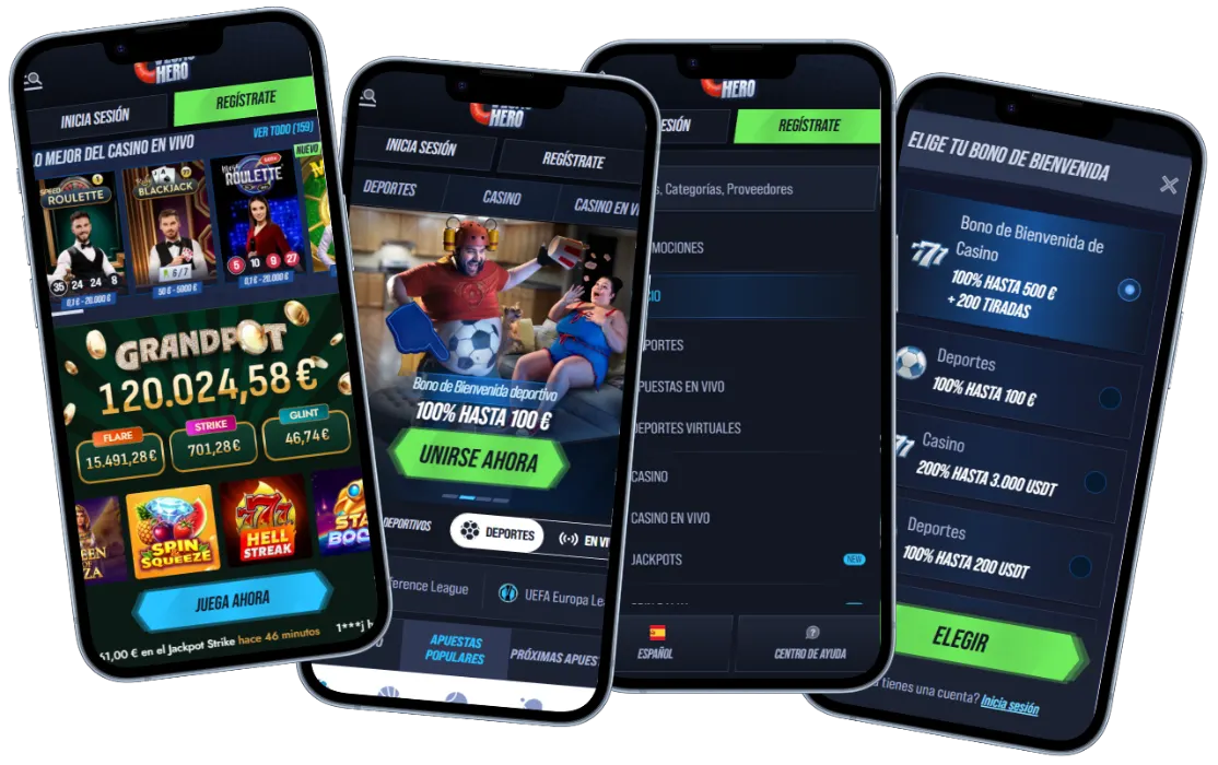 VegasHero Móvil Vista General VegasHero app móvil mostrando jackpot, bono deportivo, menú lateral y selección de bono